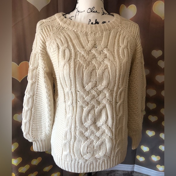Sweater cable knit lantern sleeve cream white womens long sleeve top - Picture 9 of 14